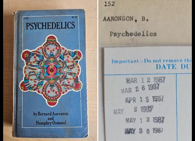 A mysterious note discovered in a book about psychedelic drugs has been returned to the library after being missing for 37 years.