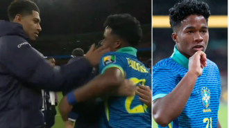 Bellingham jokingly hits Endrick in the face when he scores the winning goal against England, despite the fact that they will be teammates in the future.