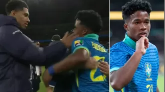 Bellingham jokingly hits Endrick in the face when he scores the winning goal against England, despite the fact that they will be teammates in the future.