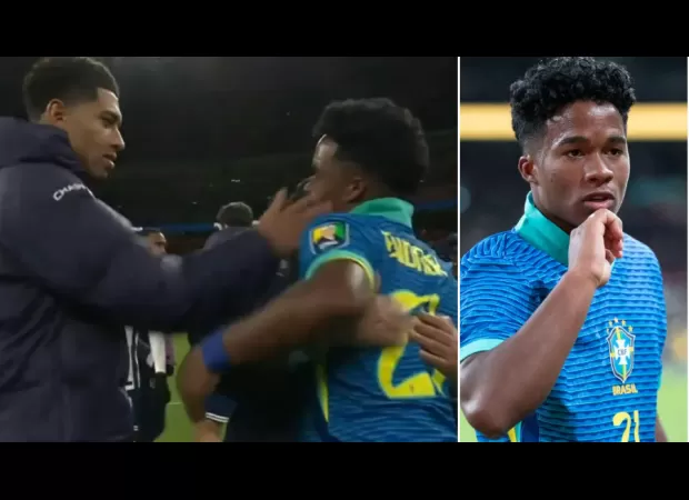 Bellingham jokingly hits Endrick in the face when he scores the winning goal against England, despite the fact that they will be teammates in the future.