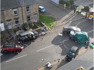 Two fatalities and seven injured in massive car collision.