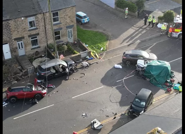 Two fatalities and seven injured in massive car collision.