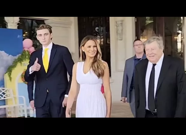 Melania Trump happily escorts her 18-year-old son Barron to Easter brunch.
