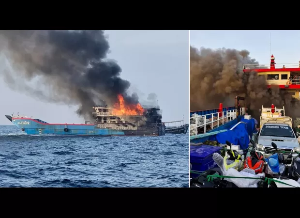 Tourists jump off burning boat near 'Death Island' to save themselves.