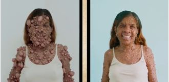 Rare condition causes woman to have thousands of tumours, but surgery allows her to see her face once more.