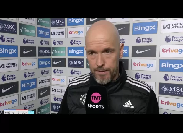 Ajax coach Erik ten Hag responds angrily to a reporter's question about Manchester United's record following their loss to Chelsea.