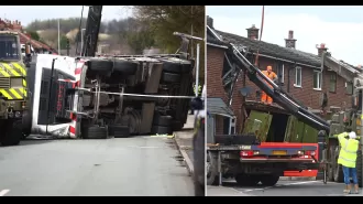 Giant crane cuts through roof, causing damage to house.