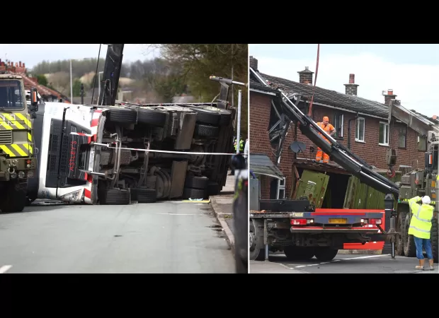 Giant crane cuts through roof, causing damage to house.