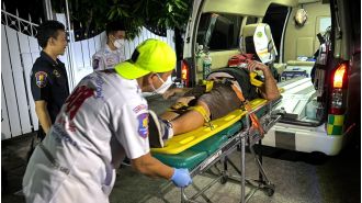A drunken senior citizen was impaled on railings while attempting to enter his home.
