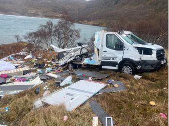 A sudden, strong wind unexpectedly carries a motorhome with a family inside.