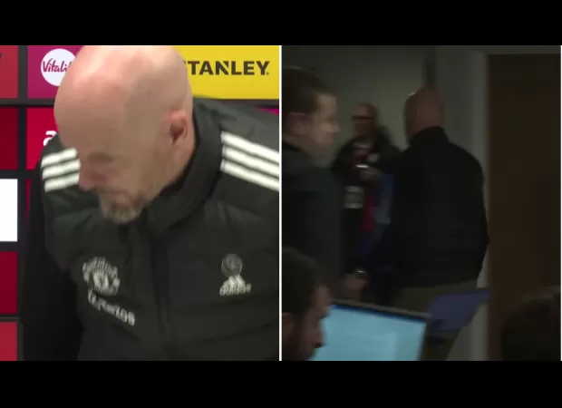 Dutch coach Erik ten Hag leaves Man Utd press conference and declines to respond to inquiry.