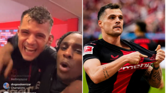 Frimpong and Xhaka take a jab at Arsenal during celebrations with Bayer Leverkusen.