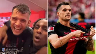 Frimpong and Xhaka take a jab at Arsenal during celebrations with Bayer Leverkusen.