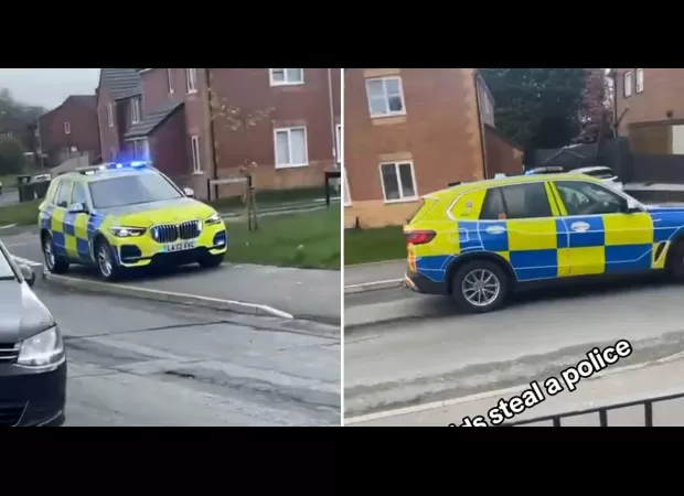 Kids take cop car, drive it in reverse fast after officer chases criminal.
