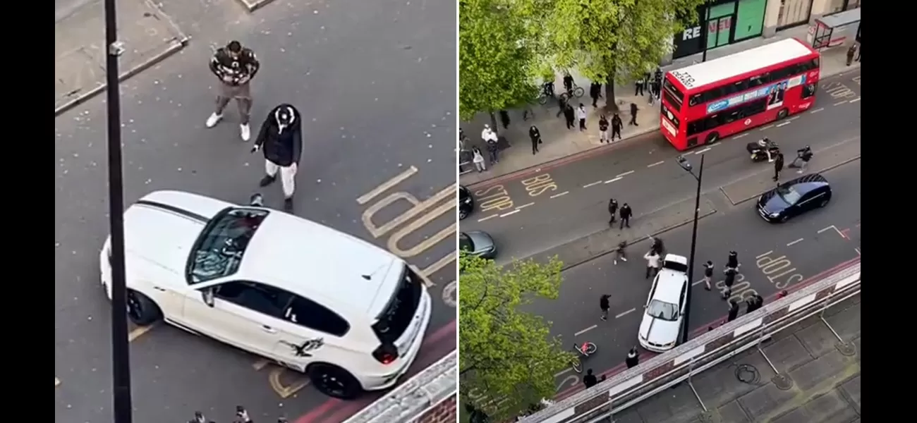 A London street brawl between two men wielding machetes is captured on video.
