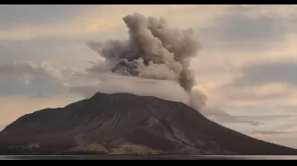 Massive volcanic eruption leads to evacuation of 2,100 individuals.