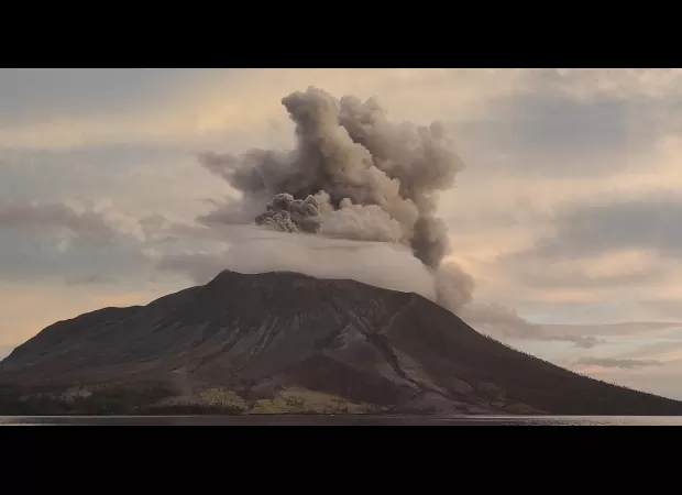 Massive volcanic eruption leads to evacuation of 2,100 individuals.
