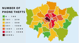 Map shows which London areas have the highest number of phone thefts as the number of incidents increases.