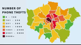 Map shows which London areas have the highest number of phone thefts as the number of incidents increases.