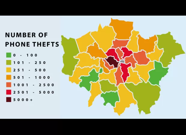 Map shows which London areas have the highest number of phone thefts as the number of incidents increases.