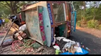 Overturned borewell drill vehicle injures 12 workers.