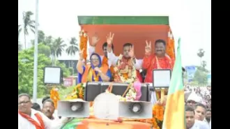 Sambit Patra, a BJP leader, registers as a candidate for the Puri Lok Sabha constituency.