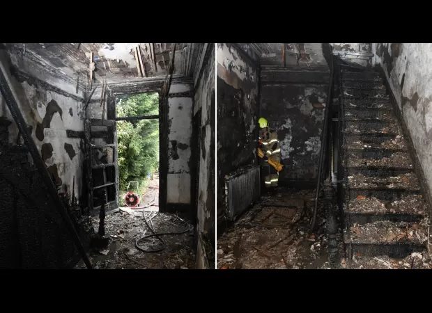 A family flees their house by jumping out of windows when an e-bike battery catches fire.