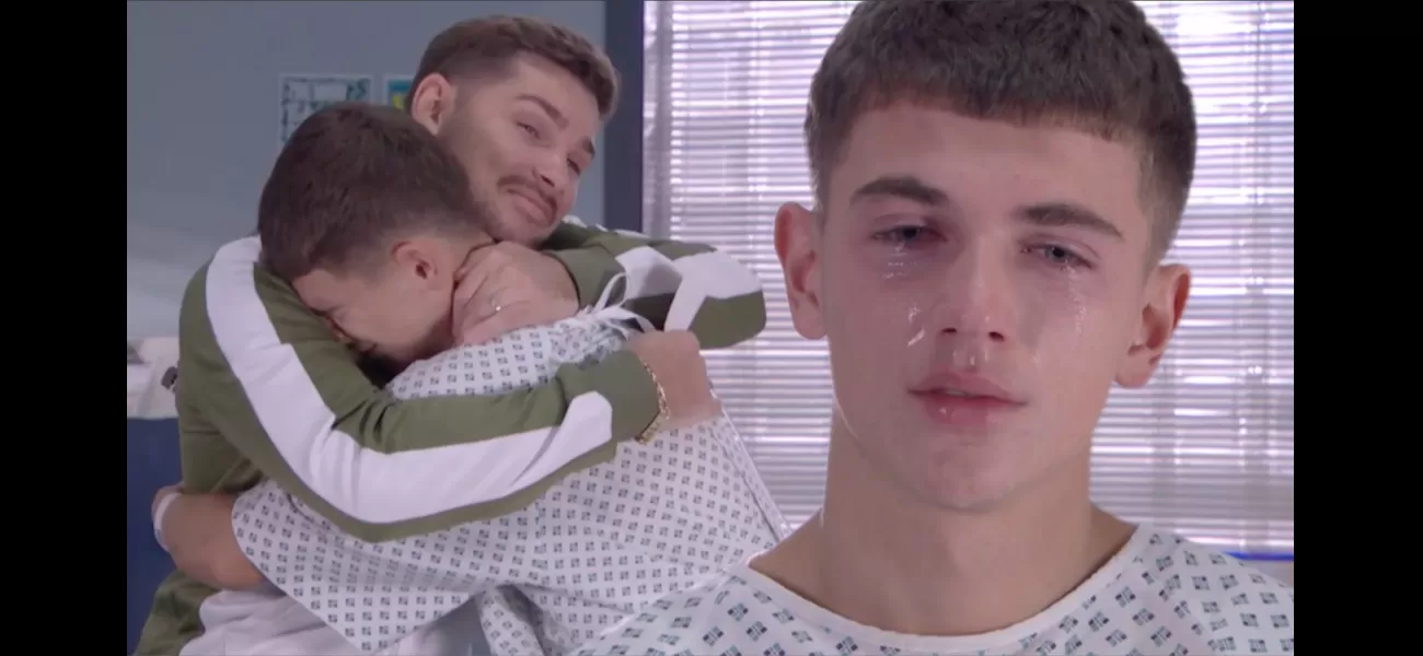 Lucas Hay, a character on Hollyoaks, cries in his father Ste's embrace while revealing his sexuality in a powerful moment: 
