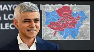 A map shows the voting results of the London mayoral race, with Sadiq Khan winning for the third time.