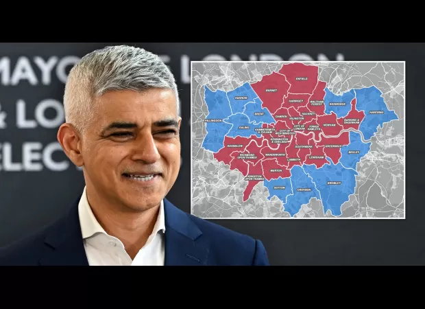 A map shows the voting results of the London mayoral race, with Sadiq Khan winning for the third time.
