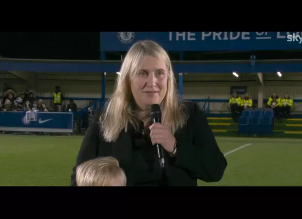 Emma Hayes swore on live TV while speaking to Chelsea fans, with her 5-year-old son nearby.