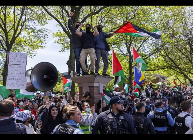 DePaul pro-Palestine camp and counterprotesters clash in escalating tensions.
