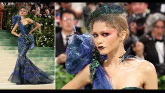 Zendaya stuns in peacock-inspired look at highly anticipated Met Gala comeback after 7 years.