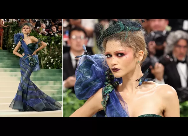 Zendaya stuns in peacock-inspired look at highly anticipated Met Gala comeback after 7 years.