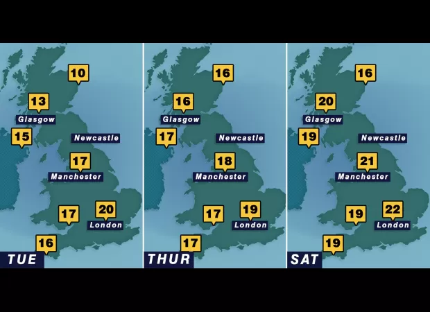 UK map displays potential warmest area for the week.