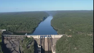 Warragamba Dam almost full, close to overflowing.
