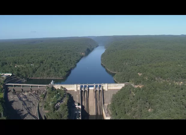 Warragamba Dam almost full, close to overflowing.