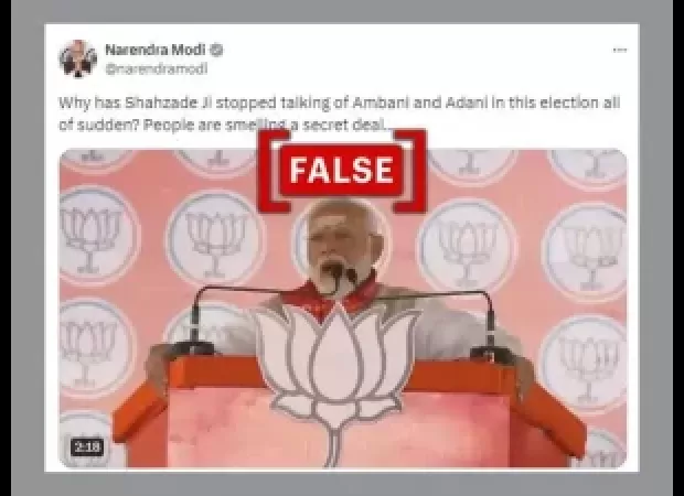 Modi falsely accuses Rahul Gandhi of staying silent on Adani and Ambani.