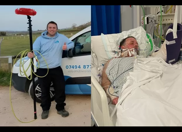 A window cleaner's arm is lost after being shocked by 33,000 volts, causing him to be blown out of his shoes.