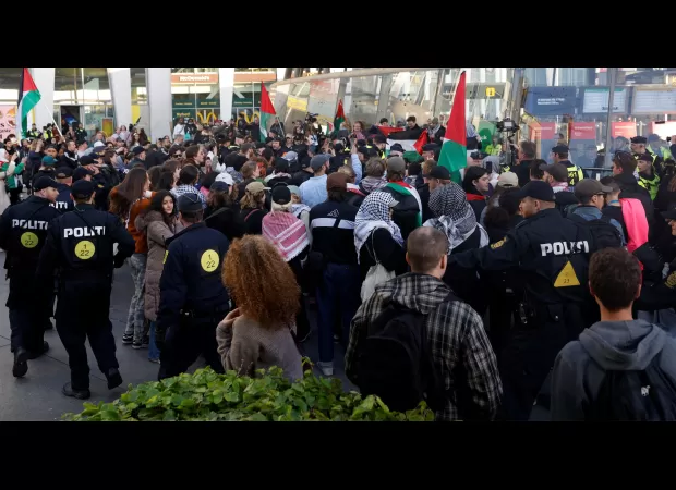 Demonstrators confront law enforcement at Eurovision venue, shouting ‘disgraceful.’