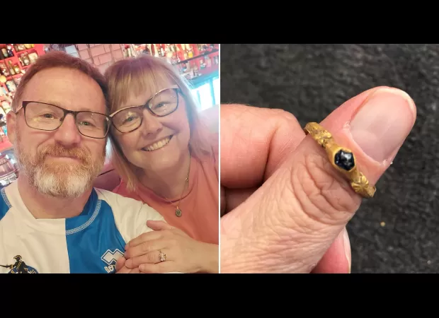Man credits wife for helping him find valuable medieval ring while using metal detector.