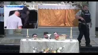 An adolescent boy armed with a weapon attempts to enter a church during a live broadcast of a First Communion ceremony.
