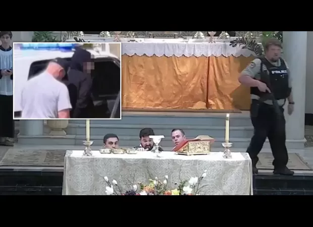 An adolescent boy armed with a weapon attempts to enter a church during a live broadcast of a First Communion ceremony.