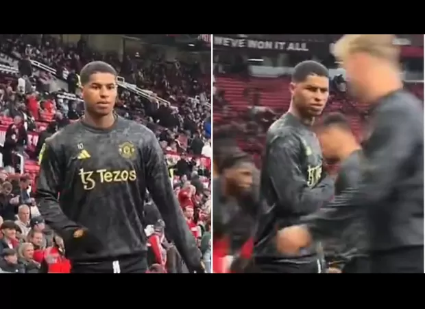 Man Utd player Marcus Rashford gets into an argument with a fan during warm-up before game against Newcastle.