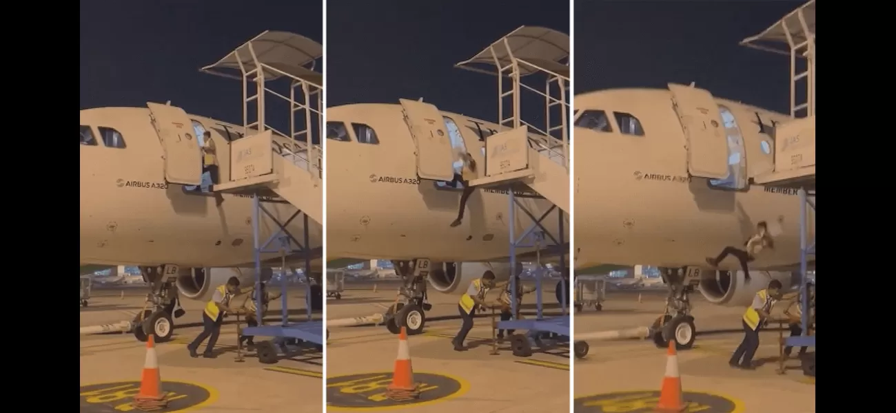 Indonesian airline employee drops from aircraft when stairs are removed.