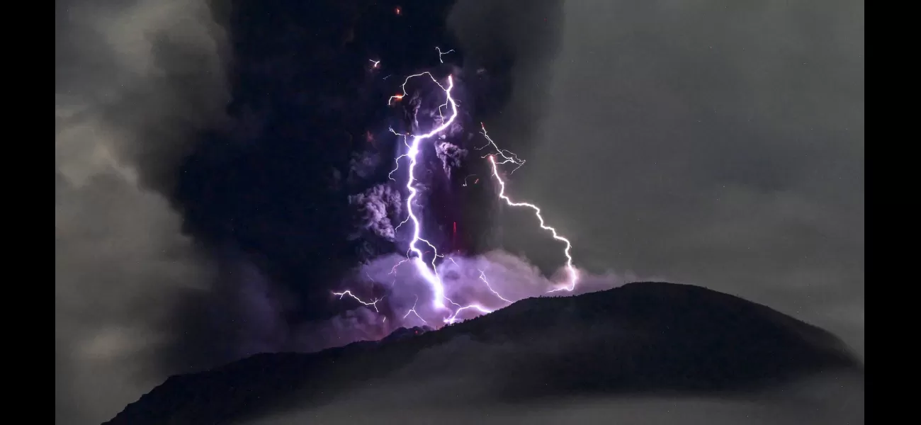 Purple lightning flashes around erupting volcano in stunning images.