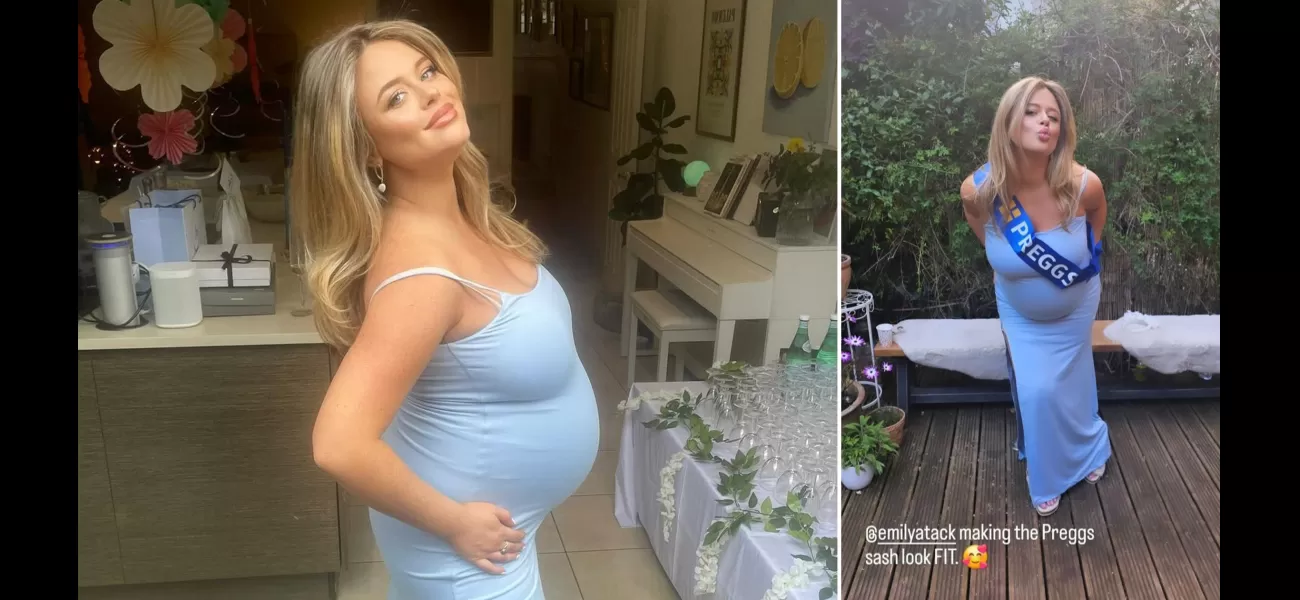 Emily Atack looks stunning in a blue ensemble at her baby shower, despite going past her expected delivery date.
