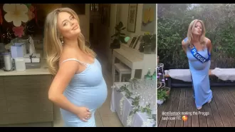 Emily Atack looks stunning in a blue ensemble at her baby shower, despite going past her expected delivery date.