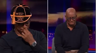 Ian Wright emotional in final Match of the Day appearance, shedding tears.