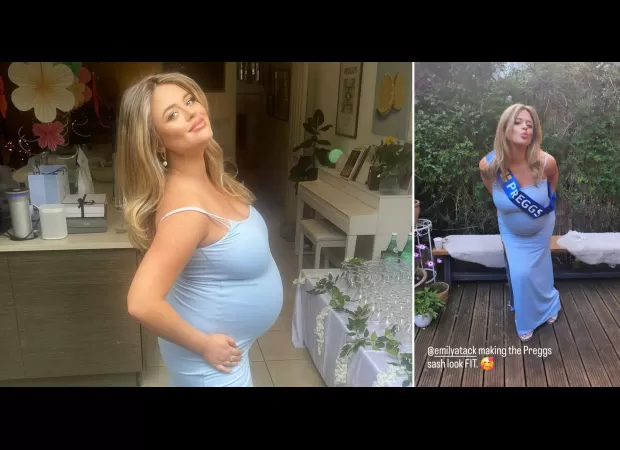 Emily Atack looks stunning in a blue ensemble at her baby shower, despite going past her expected delivery date.